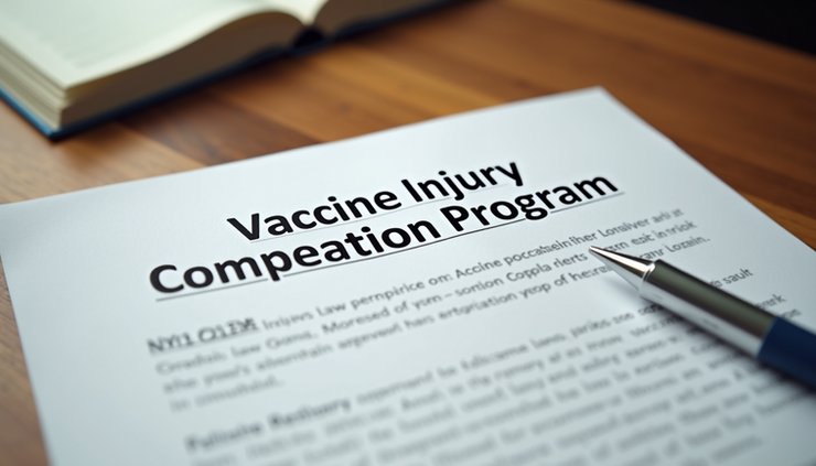 Close-up view of a legal document titled "Vaccine Injury Compensation Program" on a wooden desk