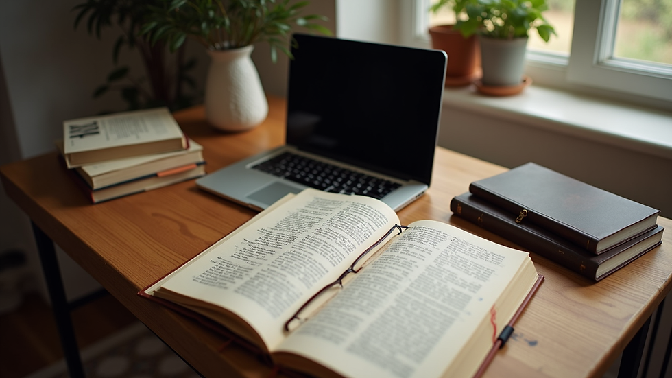 High angle view of a cozy home study space with books and a laptop