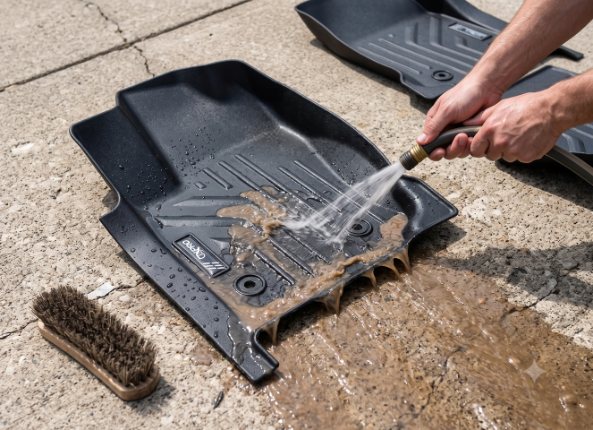 Hands rinsing muddy water off a Maxpro floor liner with a garden hose on a driveway