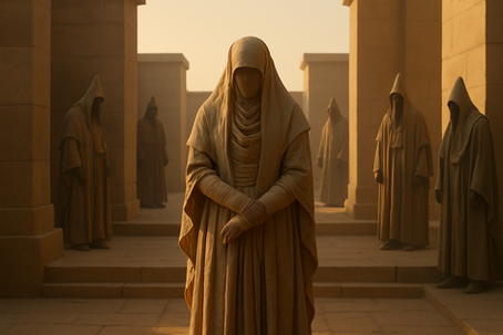 A veiled servant stands motionless in a sandstone temple courtyard at dawn, surrounded by robed priest-figures, her body wrapped in ceremonial linen and prepared for sacred use.