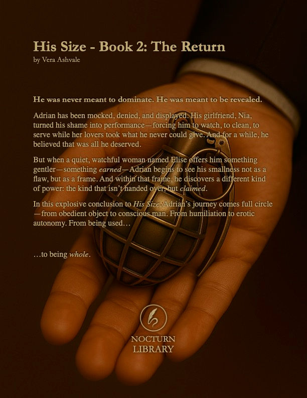 Thumbnail: Back cover of His Size (Book 2: The Return) – includes synopsis, tone, and reader guidance.