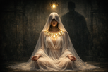 Veiled woman seated in ritual meditation beneath a glowing gold talisman, translucent robes draped over her body as a shadowed masculine figure looms behind her in a dark, ancient chamber.