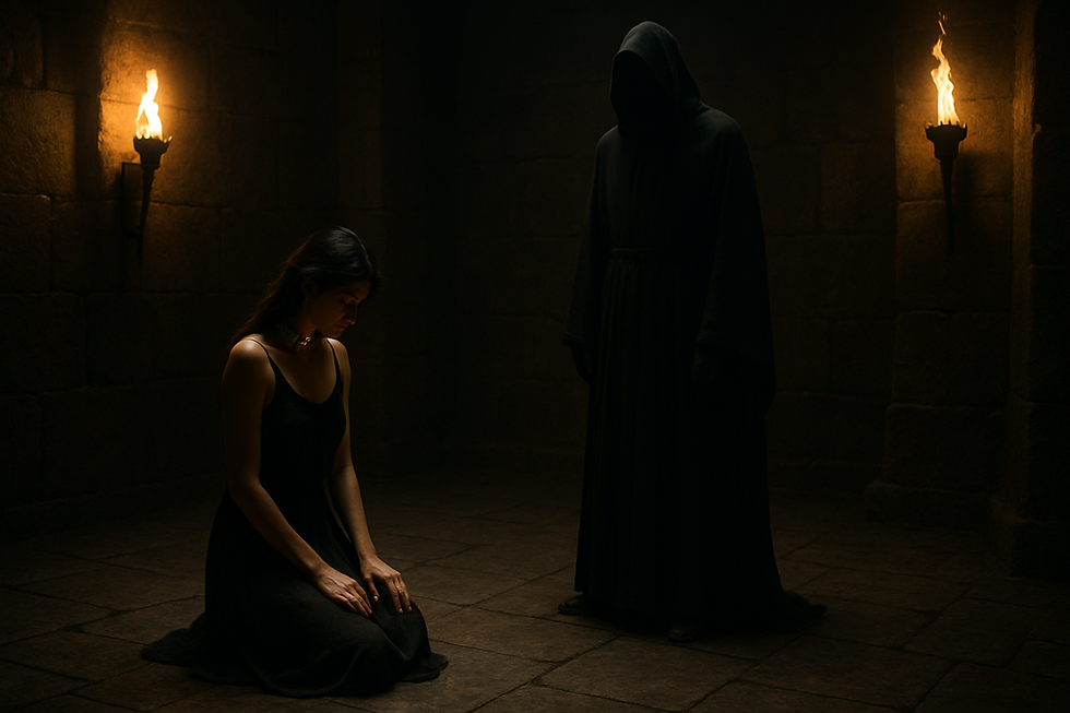 A submissive woman kneels on stone beneath a dominant man's gaze in a shadowed ritual chamber, symbolizing sacred trust and containment.