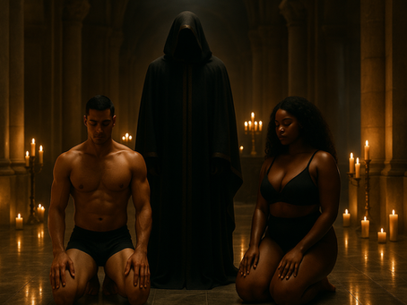 Hooded dominant figure standing in candlelit stone chamber with two submissive figures kneeling in elegant black underwear, radiating power, ritual, and submission.