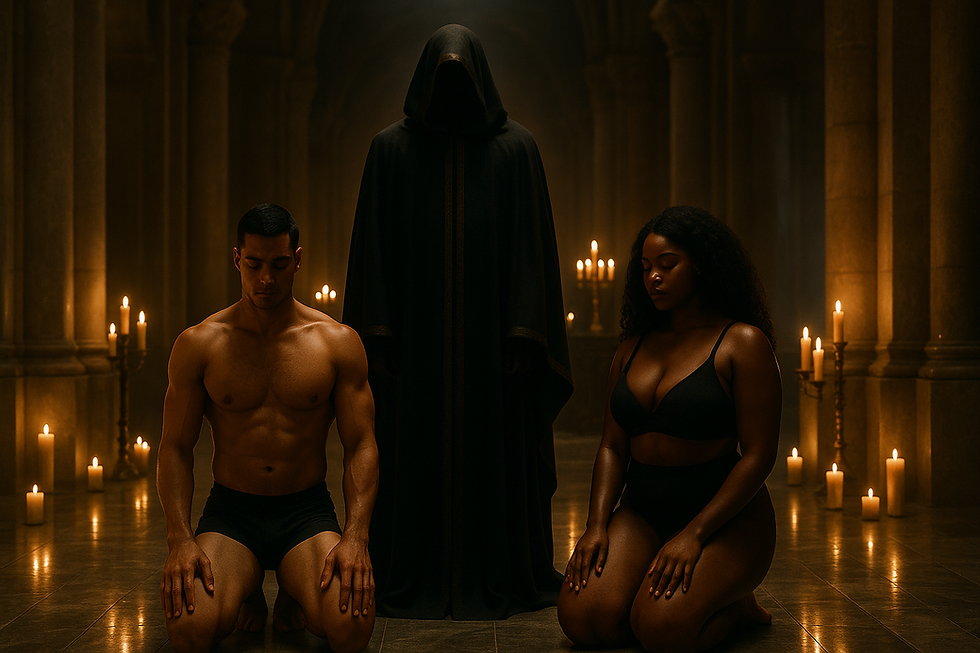 Hooded dominant figure standing in candlelit stone chamber with two submissive figures kneeling in elegant black underwear, radiating power, ritual, and submission.