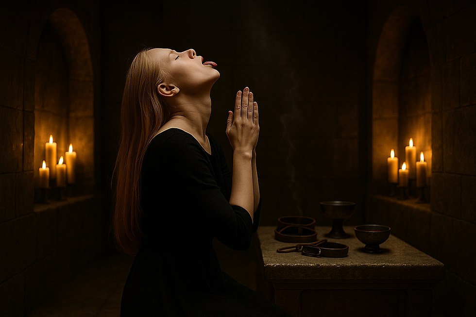 A candlelit ritual chamber with stone walls. A figure kneels in submission, head tilted back, eyes closed, tongue out, hands pressed together in prayer. Leather restraints and incense bowls rest on the altar before them. The scene evokes sacred control, erotic discipline, and the stillness of masochistic offering without explicit content.