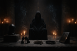 Hooded figure in dark ritual setting with symbolic fetish objects arranged on a stone table, representing psychological arousal, control dynamics, and sensory detachment