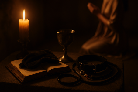 A candlelit ritual chamber with a folded velvet blindfold resting on an open leather-bound book. A silver chalice of red wine and a coiled collar with leash lie nearby on stone, surrounded by melted wax. In the background, a silk-draped figure kneels in shadowed reverence. The scene is intimate, moody, and symbolic of sacred erotic obedience.