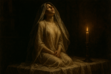 A high-resolution chiaroscuro painting of a veiled woman kneeling beside a single candle. Her body is softly illuminated, drapery clinging to her form, head tilted back in tension as if caught between restraint and release. The scene is ceremonial, evoking ache, obedience, and anticipation.