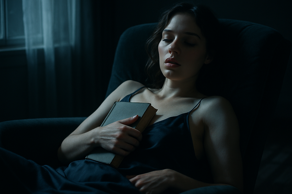 A woman lies back in a velvet chair, flushed and aroused, one hand holding a book, the other slipping beneath her clothes as moonlight bathes the room.