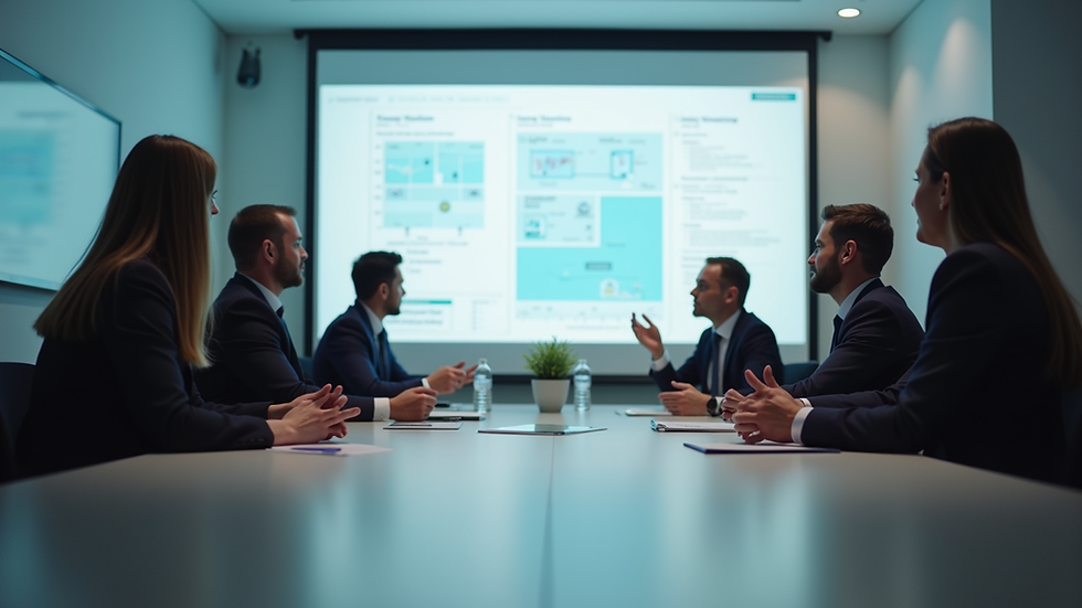 Eye-level view of a meeting room with a small group discussing safety protocols