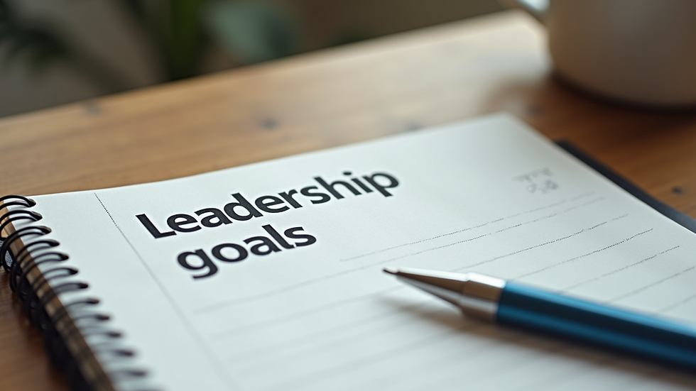 Close-up view of a notebook with leadership goals and a pen on a wooden desk