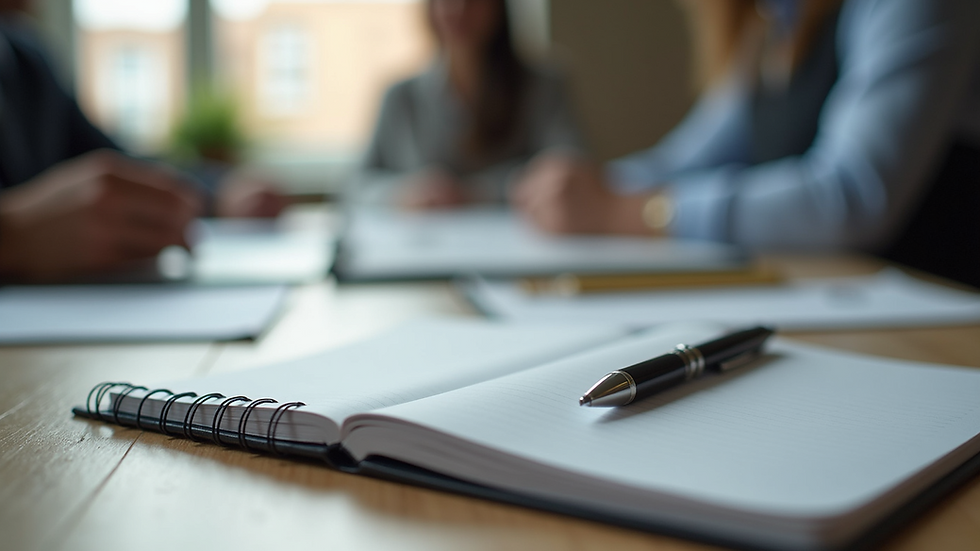 Close-up view of a notebook and pen on a table during a management workshop