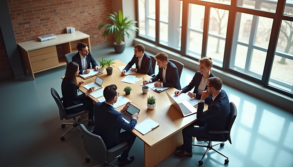 Eye-level view of a conference room with a leader speaking to a small team