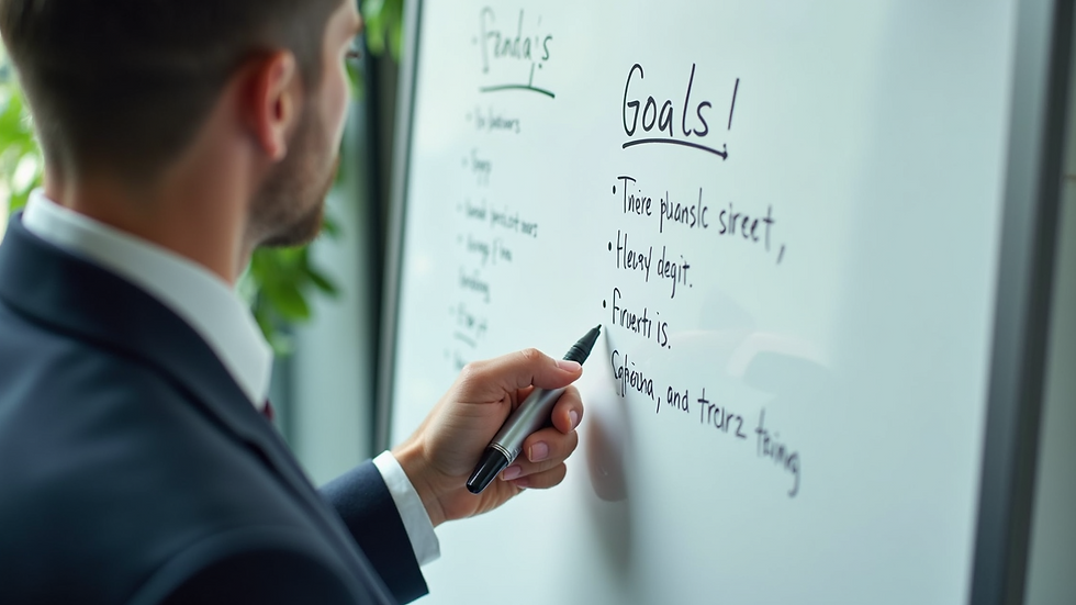 High angle view of a leader writing goals on a whiteboard