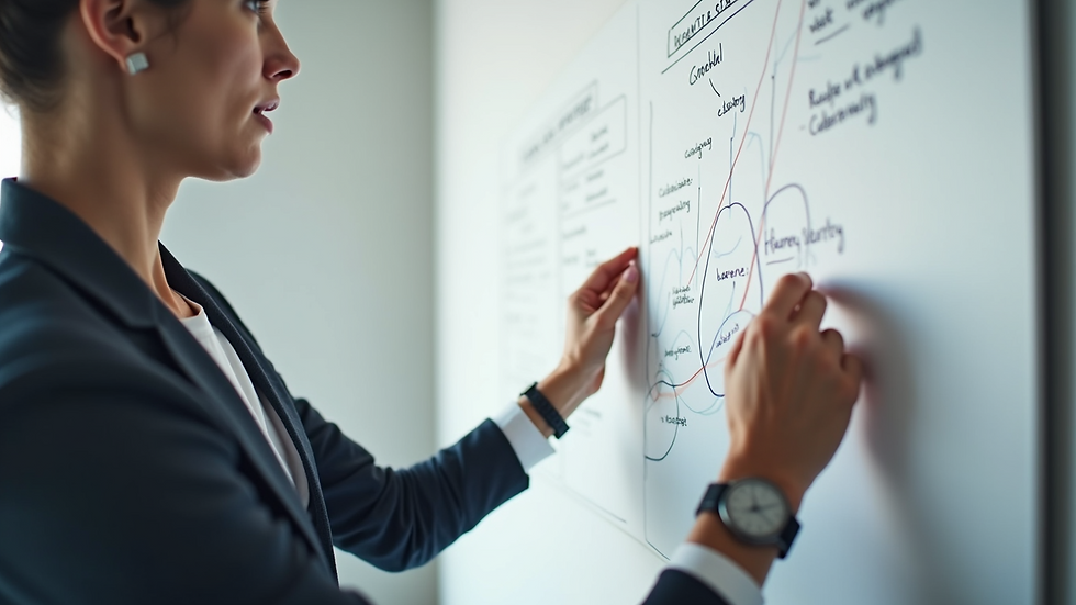 Close-up view of a leadership consultant presenting a growth strategy on a whiteboard