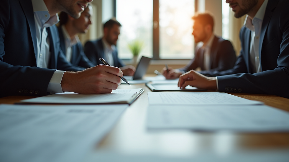 Eye-level view of a leader writing notes during a team meeting