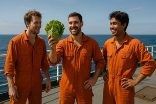Crew members on a cargo ship enjoy a quiet moment preparing fresh vegetables in the galley, with soft light from a porthole highlighting a bowl of greens.