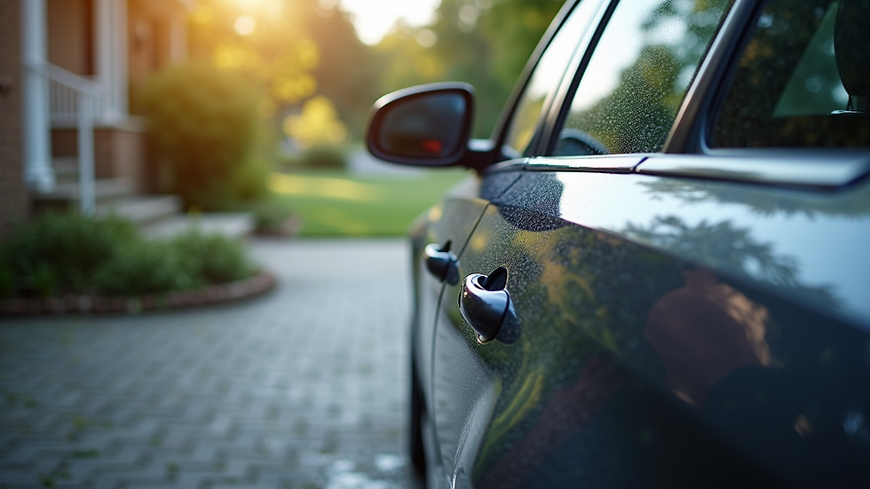 Close-up view of a mobile detailer cleaning a car’s exterior in a Maryland driveway