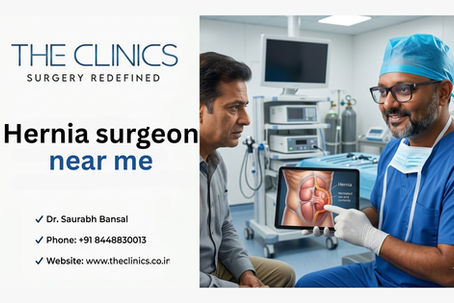 THE CLINICS and SURGERY REDEFINED in dark blue below, and three black checkmarks and lines of text that say: Dr. Saurabh Bansal, Phone: +91 8448830013