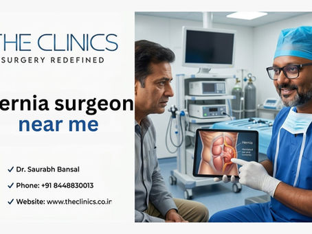 THE CLINICS and SURGERY REDEFINED in dark blue below, and three black checkmarks and lines of text that say: Dr. Saurabh Bansal, Phone: +91 8448830013