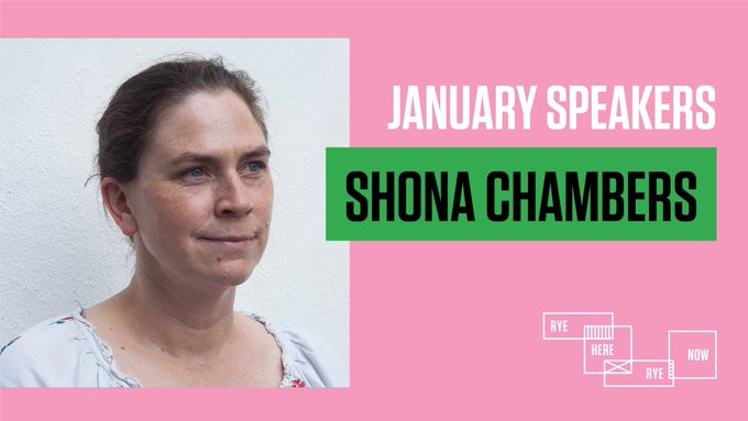 A white woman with hair tied back looks at the camera, where the words January speakers Shona Chambers appears besides