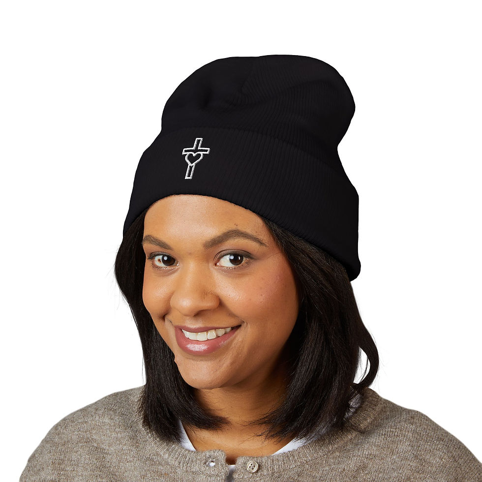 Thumbnail: Heart Cross Embroidered Cuffed Beanie