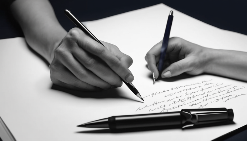 Hands writing on paper with two pens, and a third pen in the foreground.