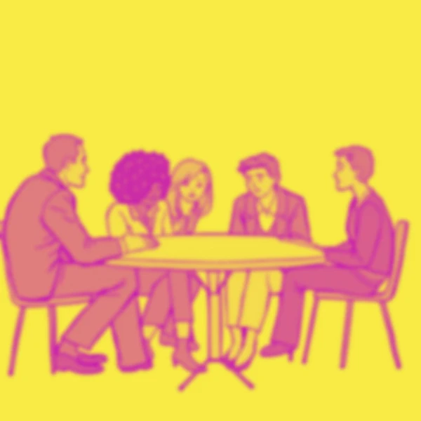 Five diverse people at round table meeting, discussions, business planning concepts.