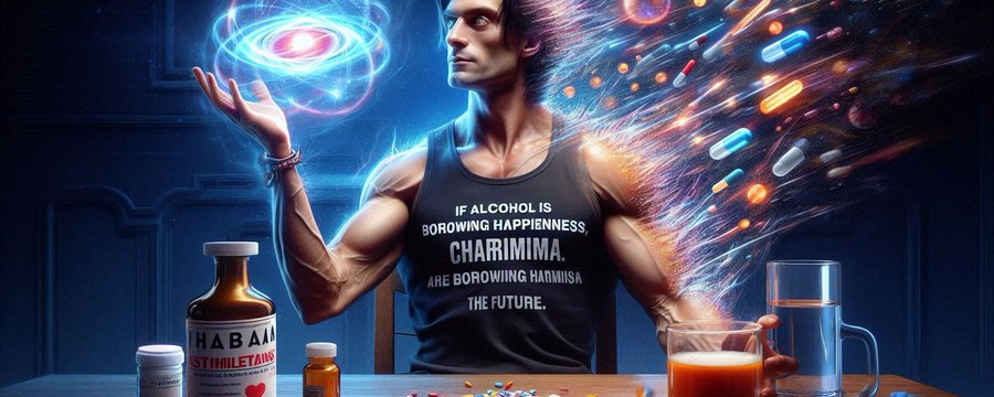 Man with shirt text 'IF ALCOHOL IS BORROWING HAPPINESS, CHARIMIMA' with pills. Shadow Pulse 9 1.