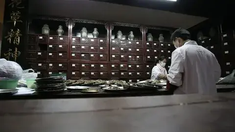 Two staff members sorting traditional herbs in an apothecary-style shop with wooden drawers and labeled jars