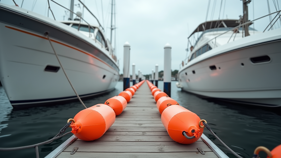 Eye-level view of a boat dock with fenders neatly arranged using Fender Mate