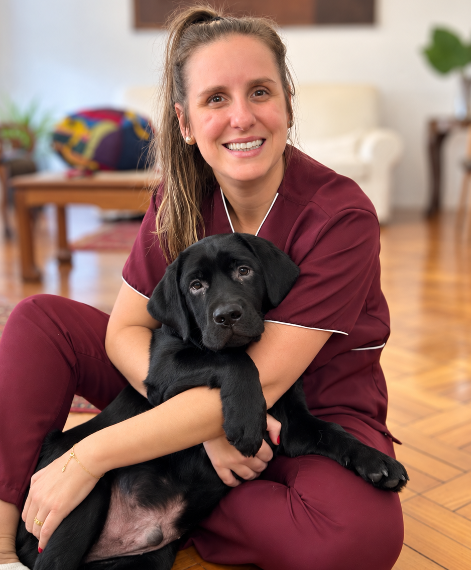 Dra Daniele Ribeiro e seu paciente Bem, de propriedade de Juliana Camara, um labrador preto filhote na consulta pediátrica para vacinação.
