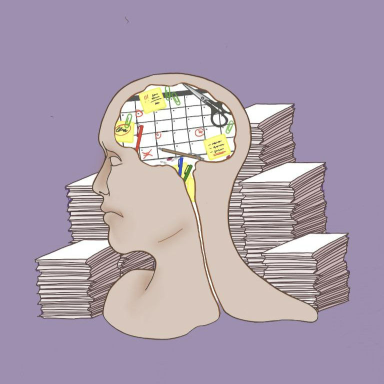 Head of a human, whos brain is visible in form of an calender. In the background, there is lots of paperwork.