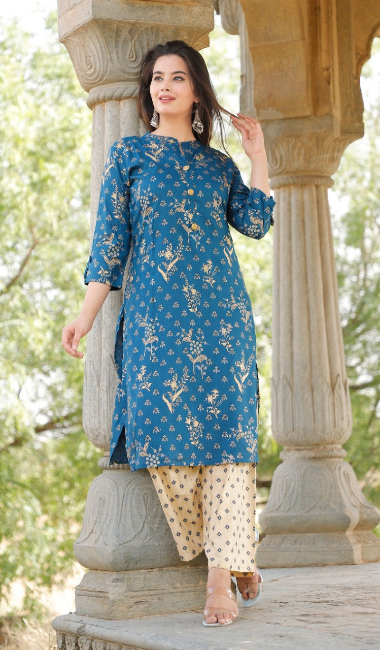 Gold printed kurti with printed plazzo