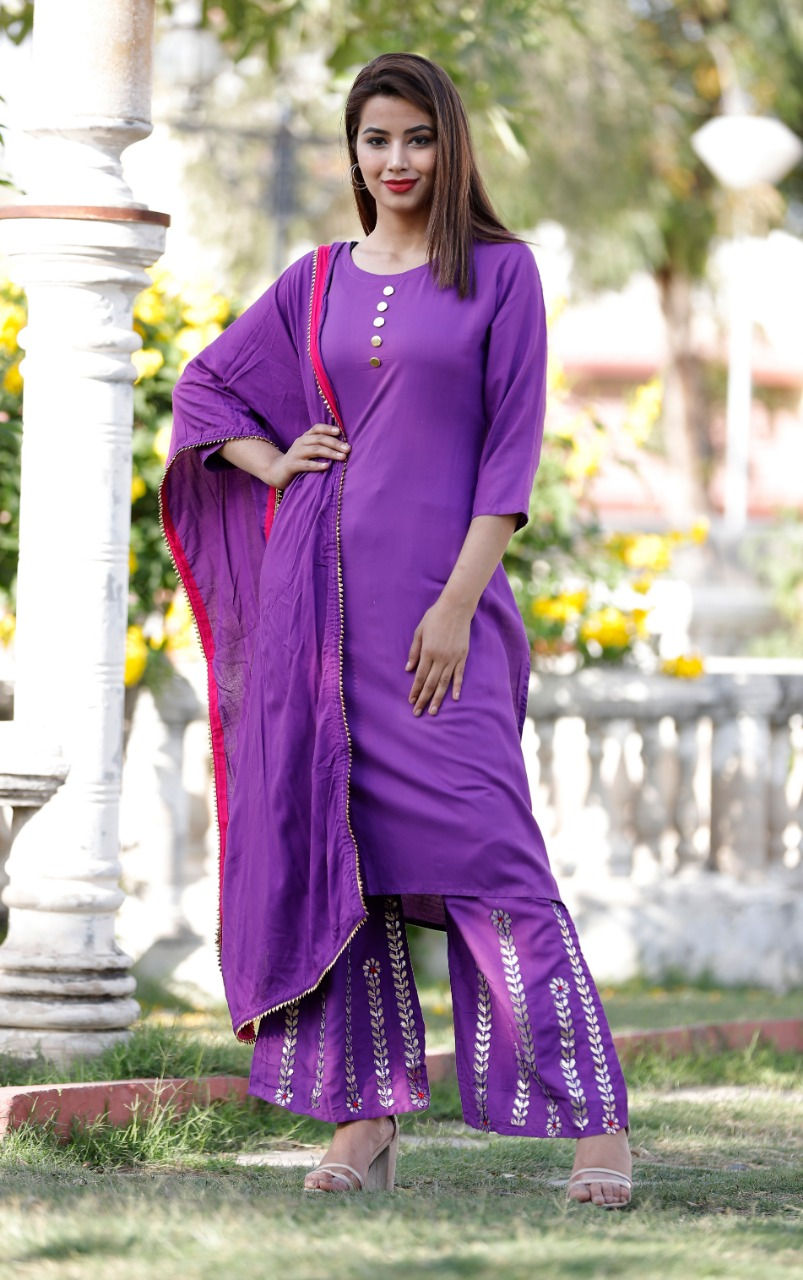 Latest Heavy Rayon Fabric Gotta Patti Work Kurti With Plazzo and Dupatta