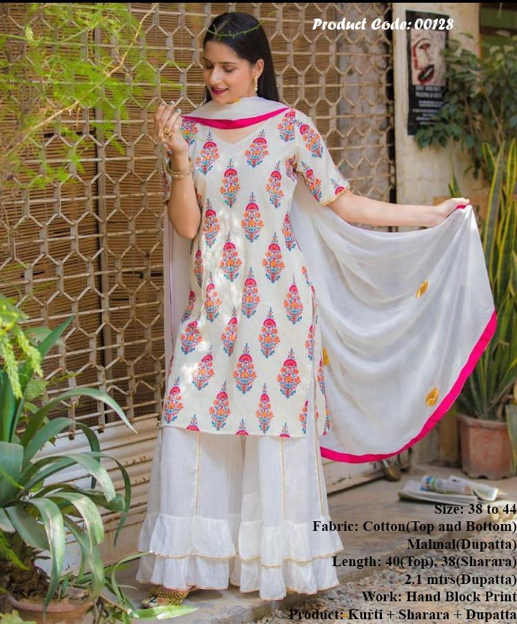 Hand Block Kurti with Stylish Sharara along with Dupatta