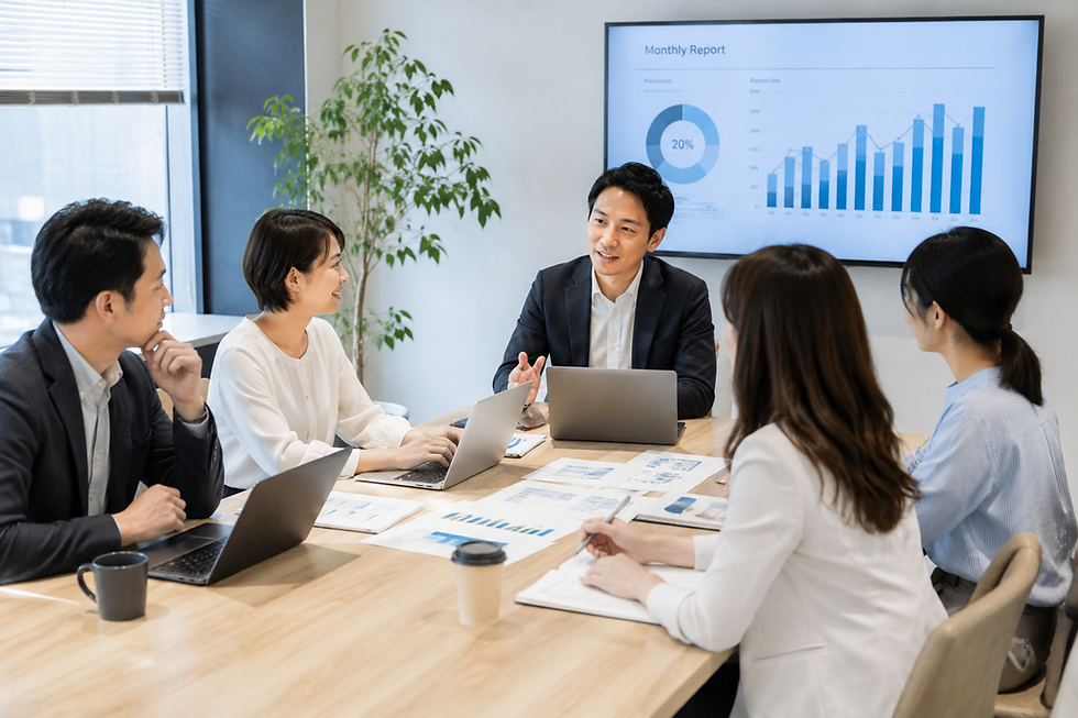グラフを使い会議室で打ち合わせをするビジネスチーム