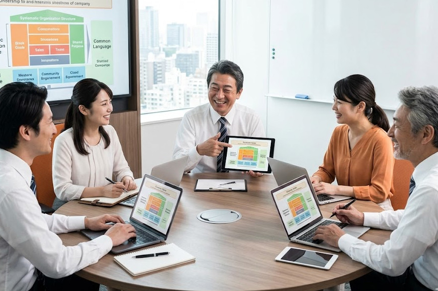 会議室でタブレットを使い資料を共有するビジネスチーム
