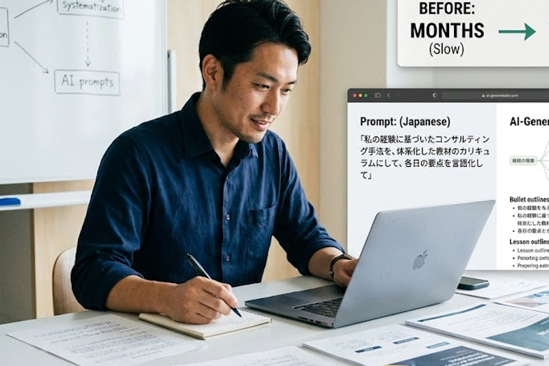 AI活用で数ヶ月の作業を数週間に短縮する男性ビジネスマン
