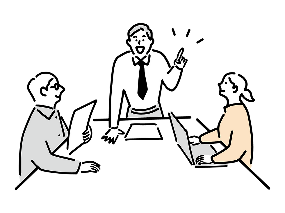 会議で発言する男性と話を聞く二人の男女のイラスト