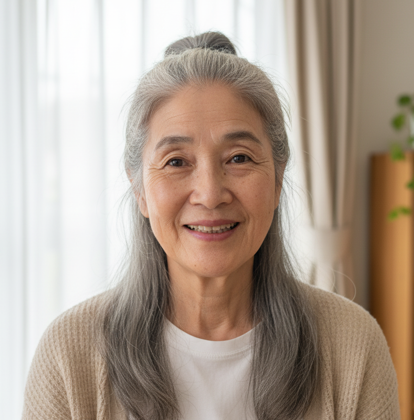 笑顔の女性、灰色の髪、白いシャツを着て、カーテンと本棚。 HOME spaceorgone.com