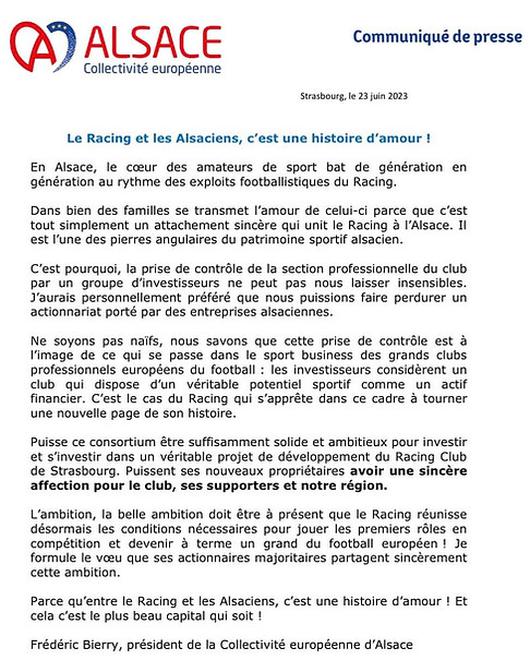 Communiqué de la Collectivité Européenne d'Alsace