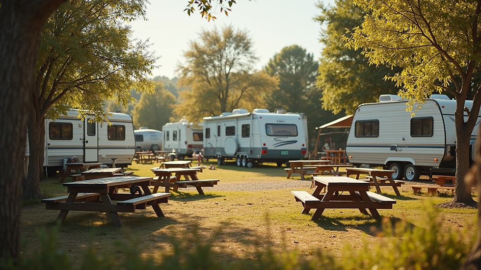 Wide angle view of a cozy RV community gathering around picnic tables