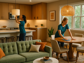 Two professional cleaners preparing a stylish open-plan Airbnb kitchen-diner-lounge, featuring luxury interior design, natural light, and modern furnishings.
