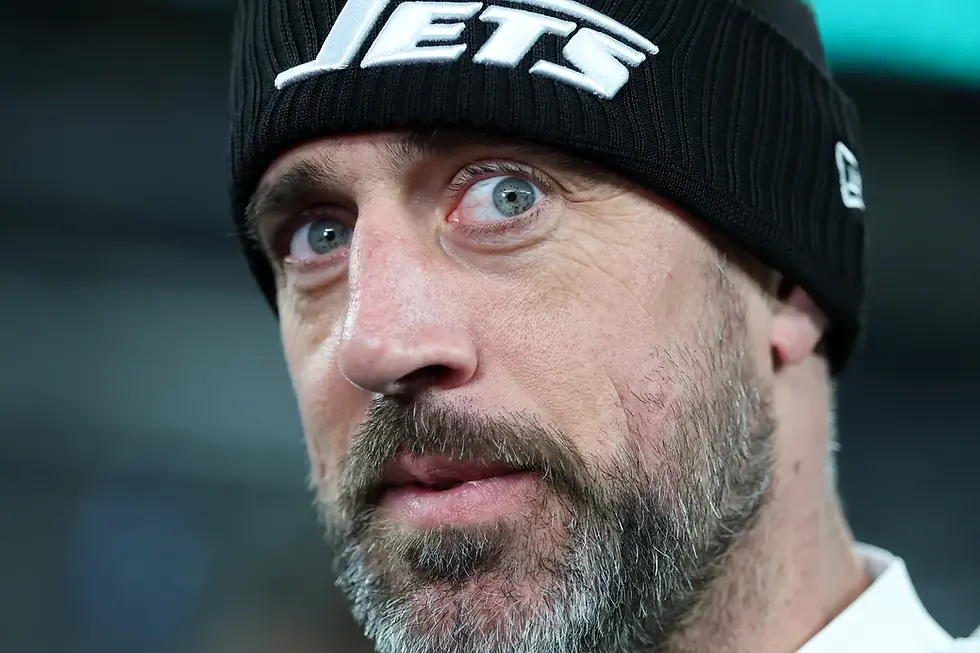 Quarterback Aaron Rodgers #8 of the New York Jets looks on after beating the Miami Dolphins 32-20 at MetLife Stadium on January 05, 2025 in East Rutherford, New Jersey. (Photo by Al Bello/Getty Images)