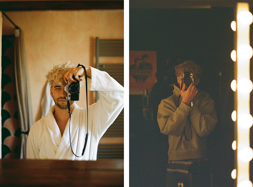 Left: 2023 - Tuscany, Italy - the album was finished, the calm before the release storm. | Right: 2024 - Ede, The Netherlands - backstage on the 'Notes On A Hopeless Romance' tour.