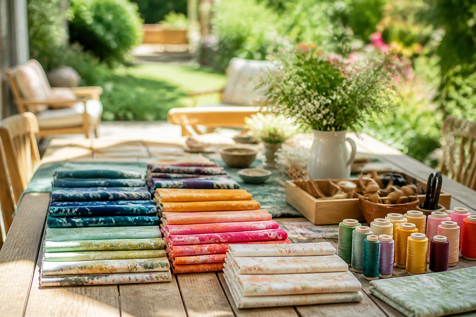 Variety of colourful fabrics and threads on outdoor table