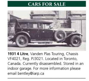 Bentley 4 litre chassis VF 4021 1931 VDP tourer garage find
