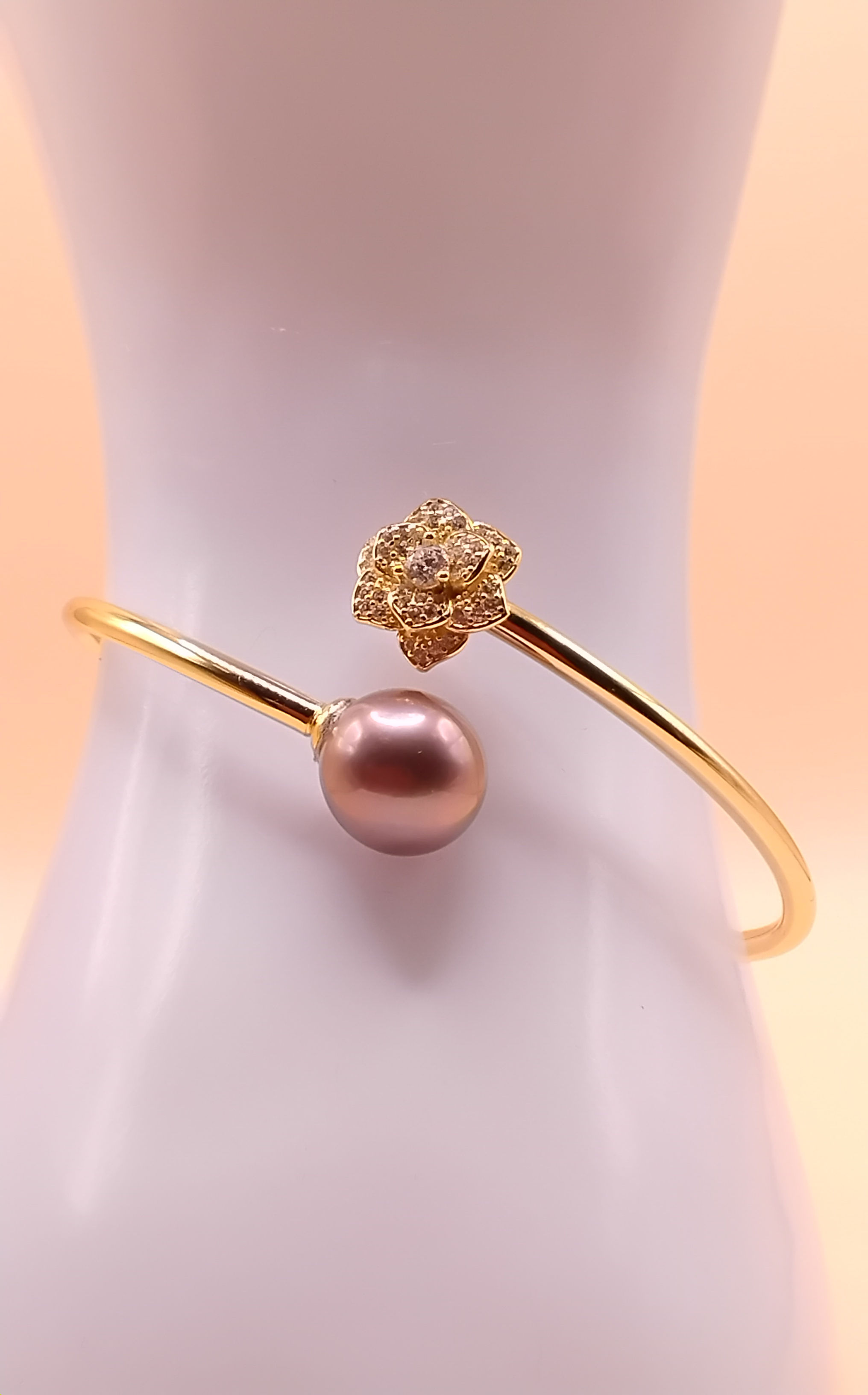 Jonc Fleur ouvert, en Argent 925 S et Véritable Perle D’eau Douce